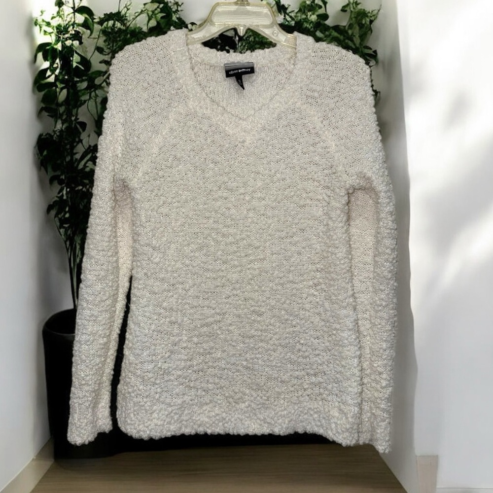 Allison Brittney Women's Textured Popcorn White V-Neck Sweater